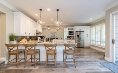 Photo of kitchen showing island and bar stools.