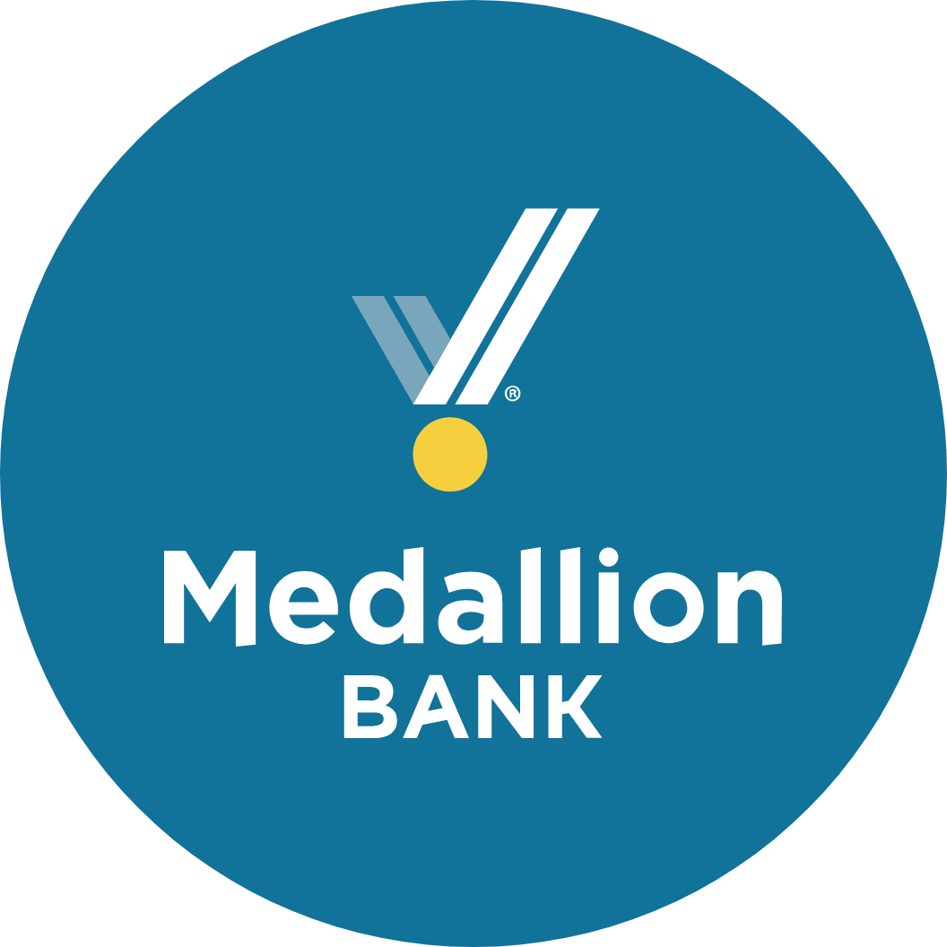 Circular image with the Medallion Bank Logo and Medallion Bank spelled out.