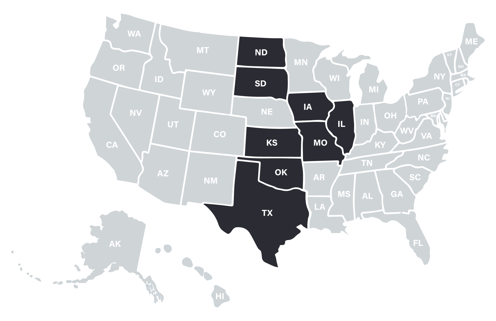 Map of the United States with the states of the Central Region highlighted, including, North Dakota, South Dakota, Iowa, Illinois, Kansas, Missouri, Oklahoma, and Texas