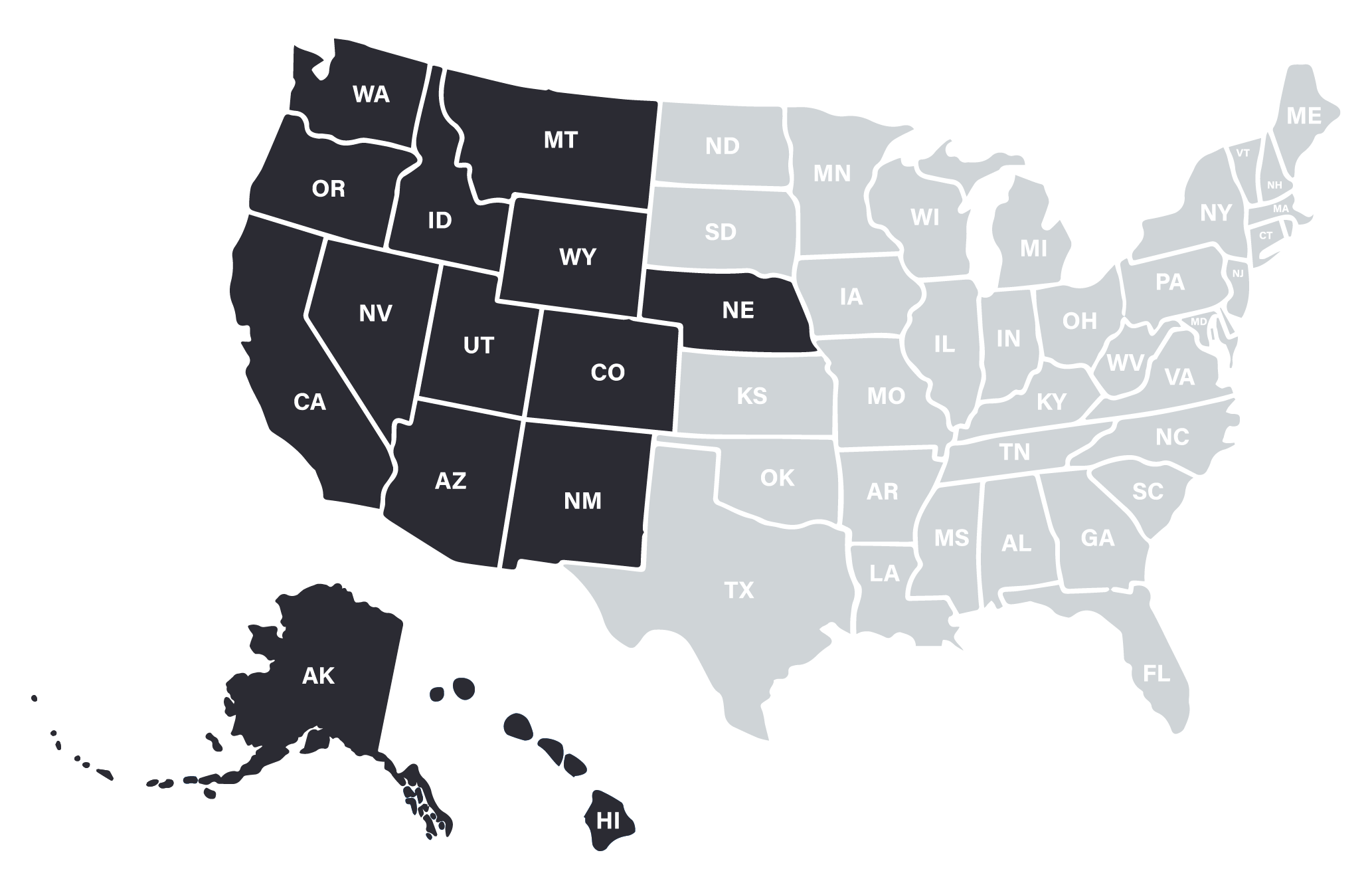 Map of the United States with the states of the Western Region highlighted, including, Washington, Oregon, Idaho, Montana, Wyoming, Nebraska, California, Nevada, Utah, Colorado, Arizona, New Mexico, Alaska, and Hawaii